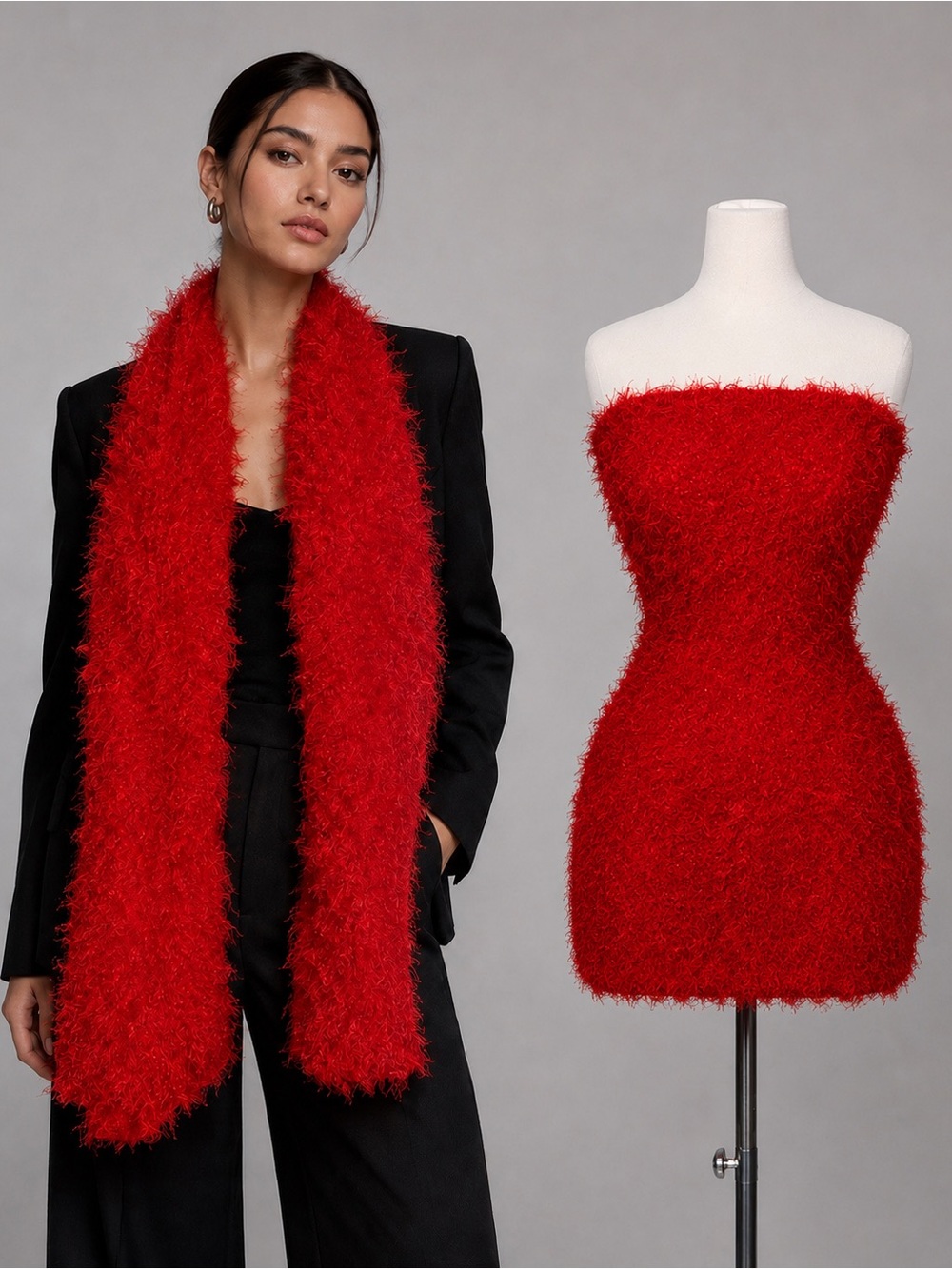 Y2K Fuzzy Red Eyelash Knit Scarf Wrap Shawl Festival Cozy Glam